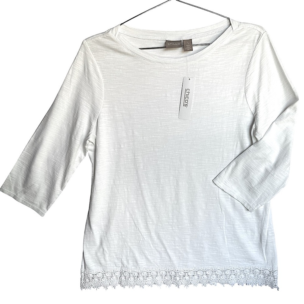 Chico’s Top white Lace Hem 3/4 Sleeve Boho 100% Cotton Summer Fairy Minimalist